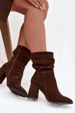 Botki Ocieplane|Botki Skórzane>Zazoo Botki Z Naturalnego Zamszu Ocieplane Na Słupku Z Marszczeniem 4216 Czekoladowe Brązowy