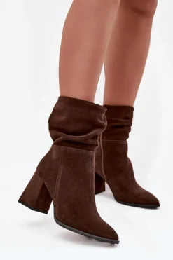 Botki Ocieplane|Botki Skórzane>Zazoo Botki Z Naturalnego Zamszu Ocieplane Na Słupku Z Marszczeniem 4216 Czekoladowe Brązowy