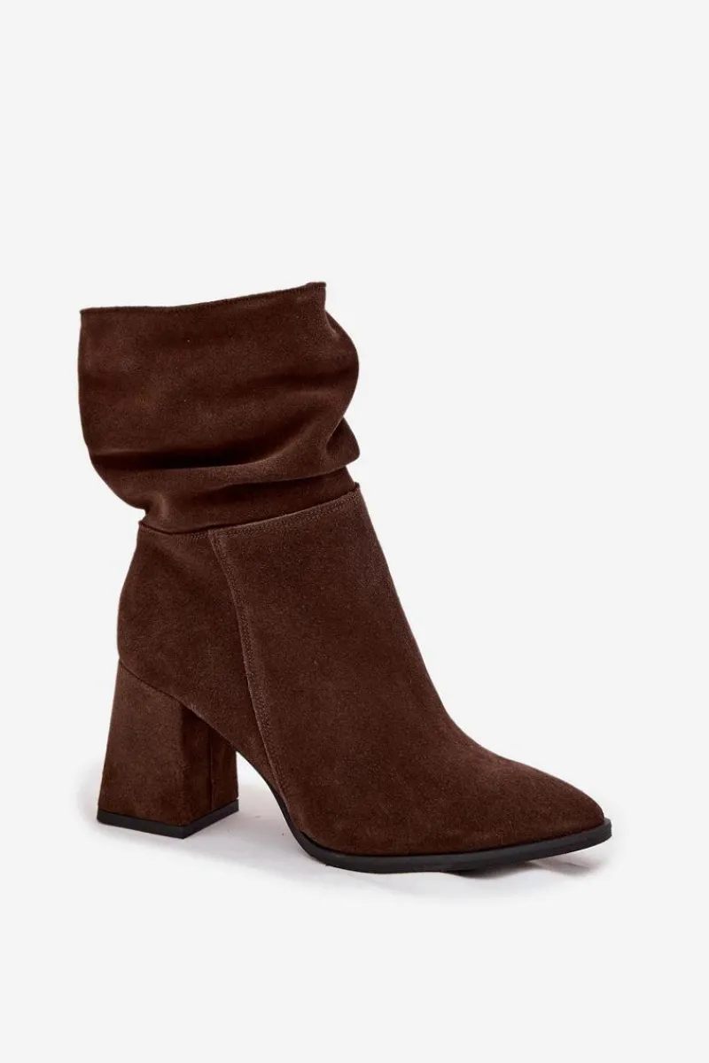 Botki Ocieplane|Botki Skórzane>Zazoo Botki Z Naturalnego Zamszu Ocieplane Na Słupku Z Marszczeniem 4216 Czekoladowe Brązowy