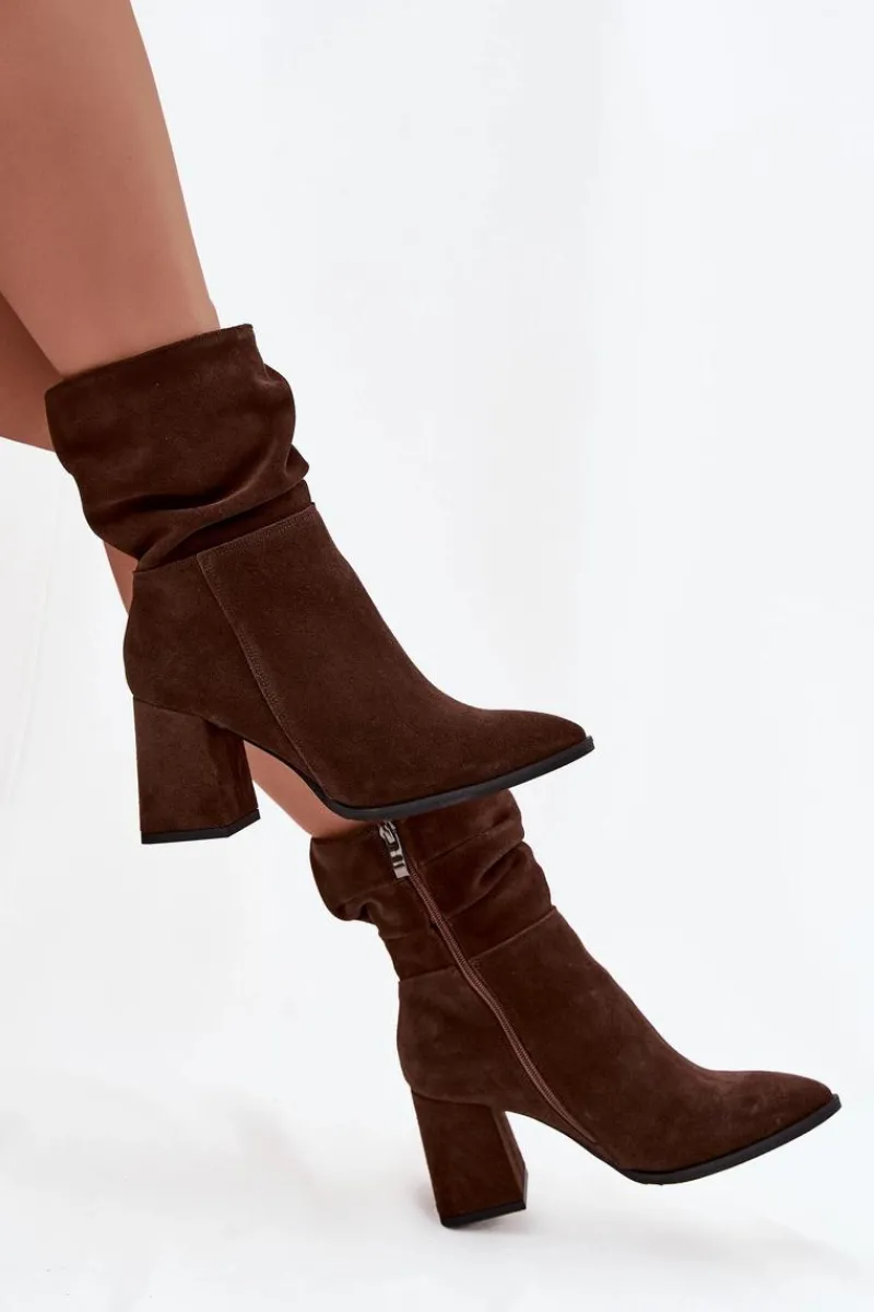 Botki Ocieplane|Botki Skórzane>Zazoo Botki Z Naturalnego Zamszu Ocieplane Na Słupku Z Marszczeniem 4216 Czekoladowe Brązowy