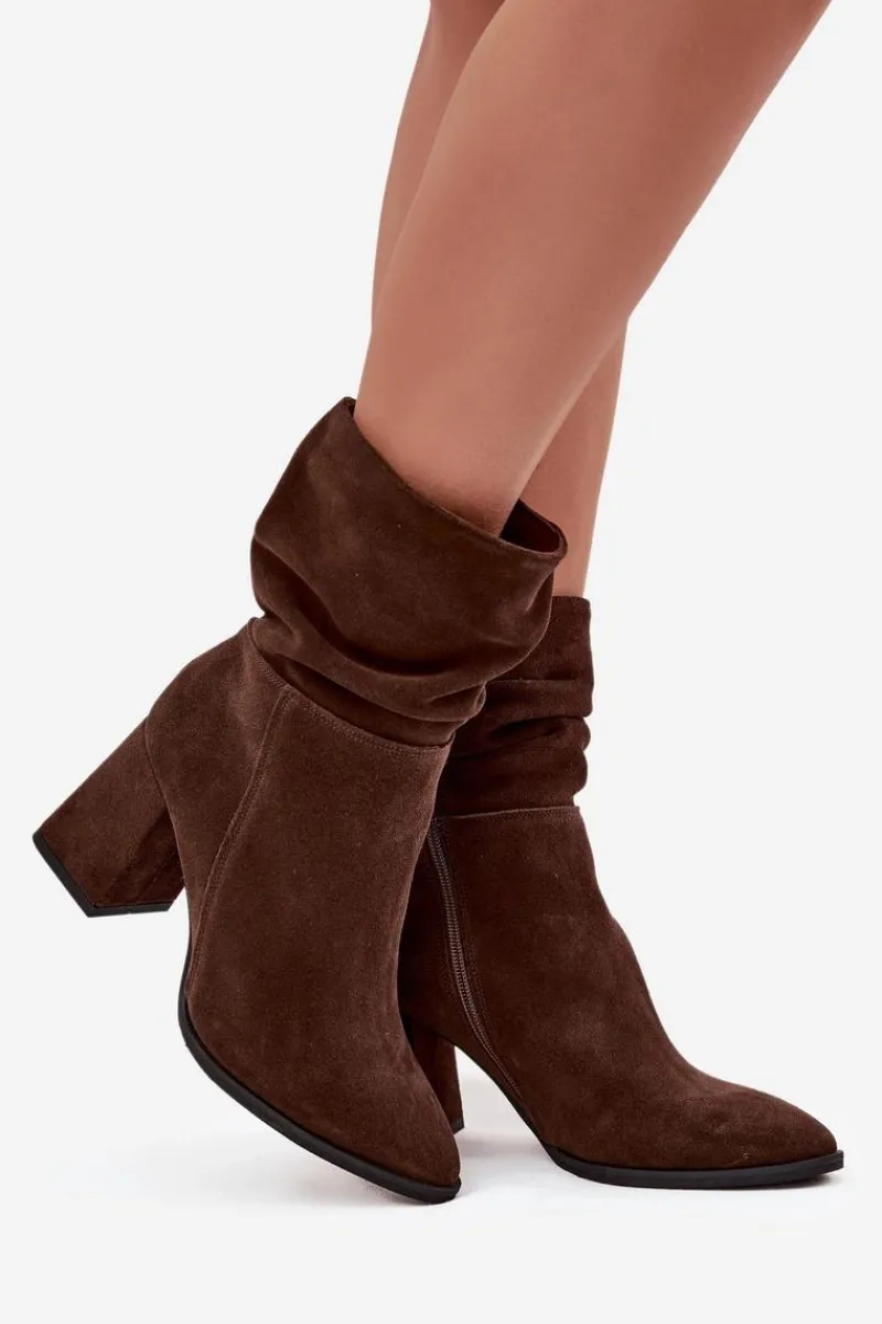 Botki Ocieplane|Botki Skórzane>Zazoo Botki Z Naturalnego Zamszu Ocieplane Na Słupku Z Marszczeniem 4216 Czekoladowe Brązowy