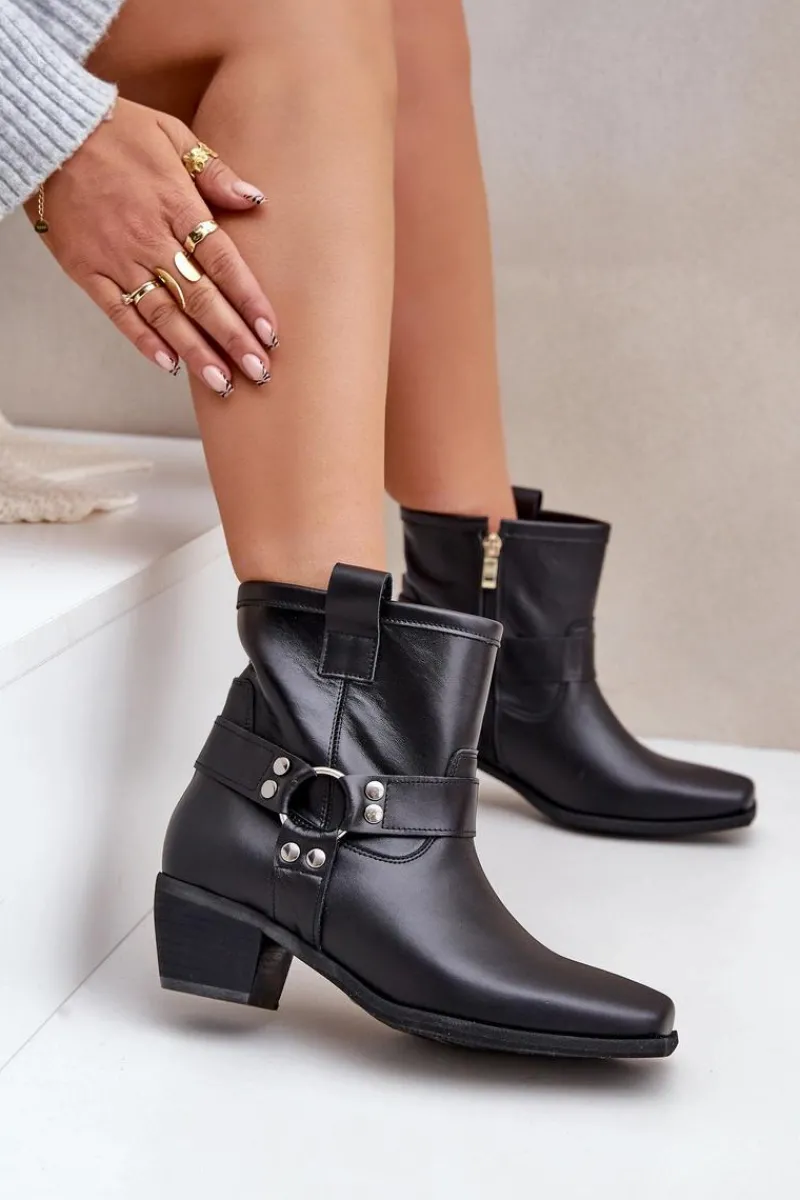 Discount Zazoo Botki Z Naturalnej Skóry Na Obcasie 3444/2 Czarne Czarny