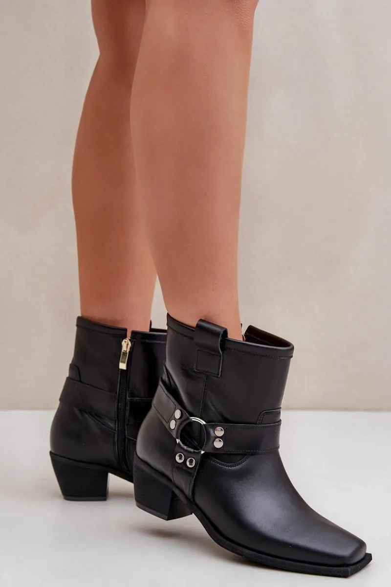 Discount Zazoo Botki Z Naturalnej Skóry Na Obcasie 3444/2 Czarne Czarny