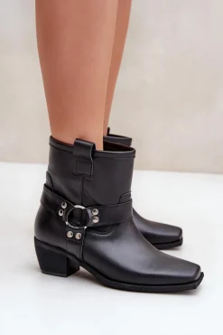 Discount Zazoo Botki Z Naturalnej Skóry Na Obcasie 3444/2 Czarne Czarny