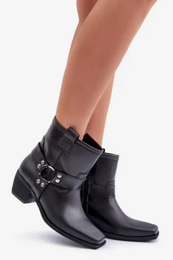 Discount Zazoo Botki Z Naturalnej Skóry Na Obcasie 3444/2 Czarne Czarny