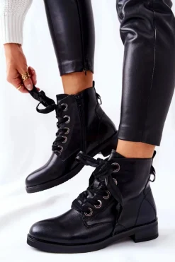 Botki Z Ozdobnym Wiązaniem Czarne Tayah Damskie Botki Sznurowane|Czarne Botki