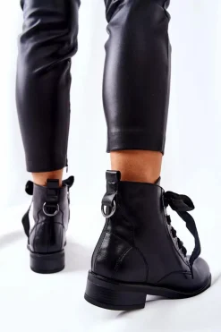 Botki Z Ozdobnym Wiązaniem Czarne Tayah Damskie Botki Sznurowane|Czarne Botki