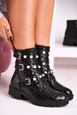 Sale Botki Z Perełkami Lakierowane Czarne Motyw Zwierzęcy Whitney Damskie Botki Sznurowane|Czarne Botki