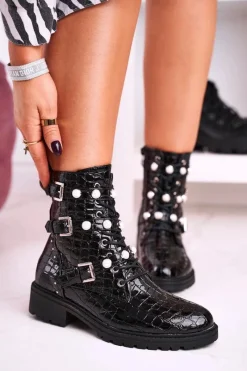 Sale Botki Z Perełkami Lakierowane Czarne Motyw Zwierzęcy Whitney Damskie Botki Sznurowane|Czarne Botki
