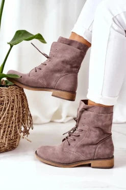 Discount Botki Z Podwójną Cholewką Szare Violetta Damskie Botki Sznurowane|Czarne Botki