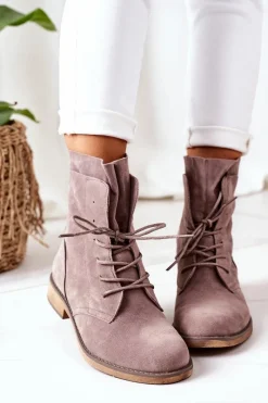 Discount Botki Z Podwójną Cholewką Szare Violetta Damskie Botki Sznurowane|Czarne Botki