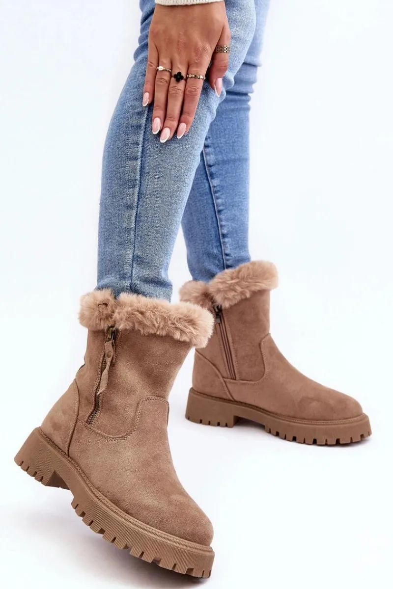Hot Evento Botki Zamszowe Damskie Z Futerkiem Beżowe Hasiva