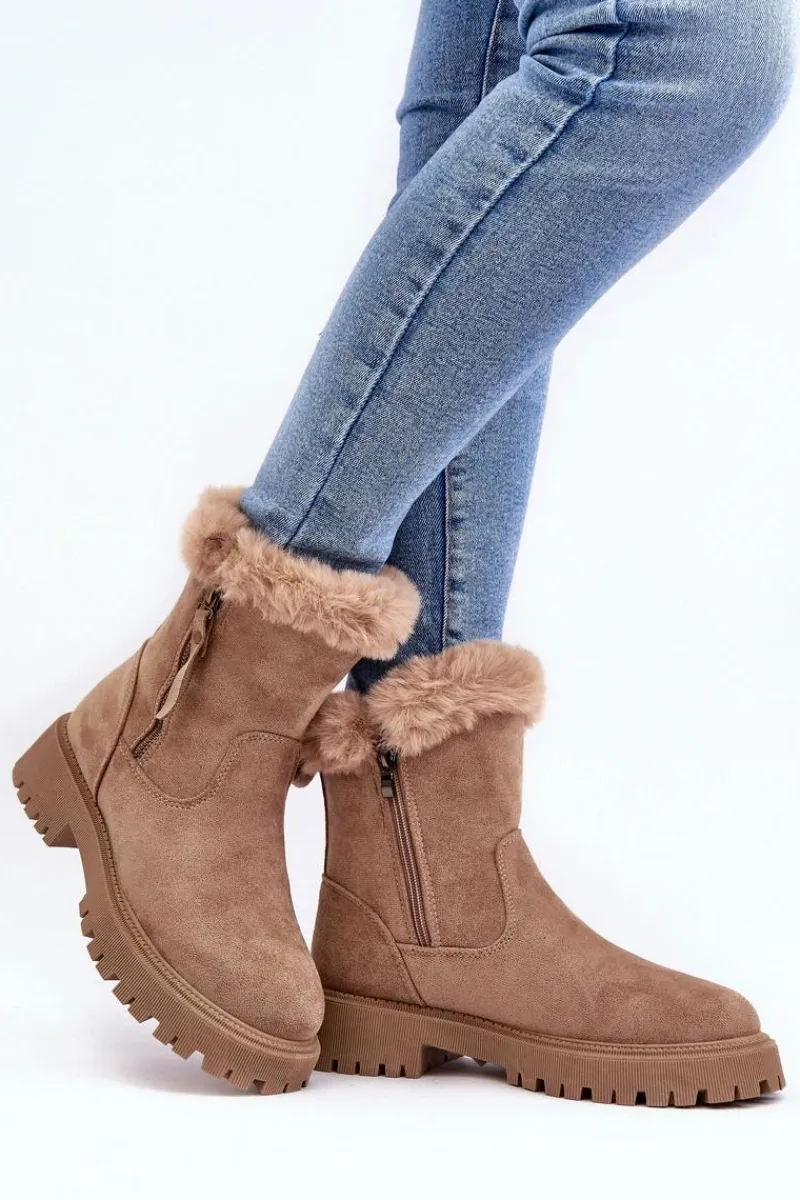 Hot Evento Botki Zamszowe Damskie Z Futerkiem Beżowe Hasiva