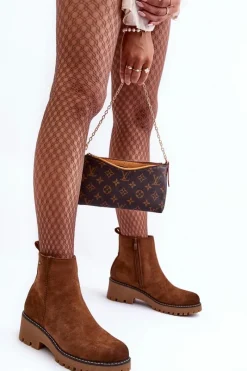 Discount Botki Zamszowe Na Płaskim Obcasie Ocieplane Brązowe Neafgi Damskie Botki Zimowe Damskie|Brązowe I Beżowe Botki