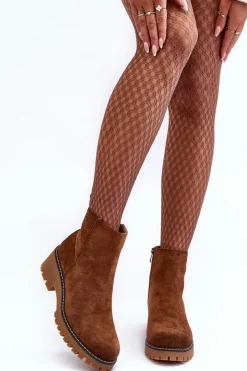 Discount Botki Zamszowe Na Płaskim Obcasie Ocieplane Brązowe Neafgi Damskie Botki Zimowe Damskie|Brązowe I Beżowe Botki