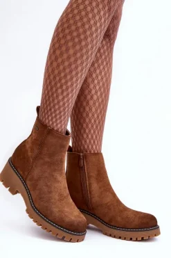 Discount Botki Zamszowe Na Płaskim Obcasie Ocieplane Brązowe Neafgi Damskie Botki Zimowe Damskie|Brązowe I Beżowe Botki