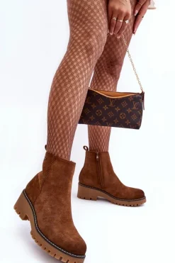 Discount Botki Zamszowe Na Płaskim Obcasie Ocieplane Brązowe Neafgi Damskie Botki Zimowe Damskie|Brązowe I Beżowe Botki