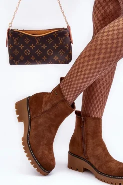 Discount Botki Zamszowe Na Płaskim Obcasie Ocieplane Brązowe Neafgi Damskie Botki Zimowe Damskie|Brązowe I Beżowe Botki