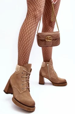 Botki Ocieplane|Botki Skórzane></noscript>Boto Botki Zamszowe Sznurowane Na Słupku Beżowe Lemar Flomes Beżowy