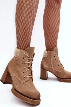 Botki Ocieplane|Botki Skórzane></noscript>Boto Botki Zamszowe Sznurowane Na Słupku Beżowe Lemar Flomes Beżowy