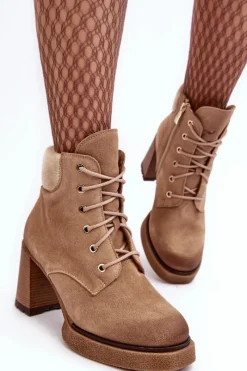 Botki Ocieplane|Botki Skórzane></noscript>Boto Botki Zamszowe Sznurowane Na Słupku Beżowe Lemar Flomes Beżowy