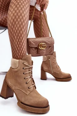 Botki Ocieplane|Botki Skórzane></noscript>Boto Botki Zamszowe Sznurowane Na Słupku Beżowe Lemar Flomes Beżowy