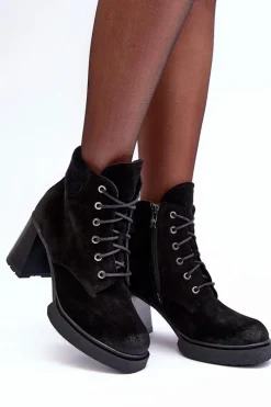 New Botki Zamszowe Sznurowane Na Słupku Czarne Lemar Flomes Damskie Botki Ocieplane|Botki Skórzane