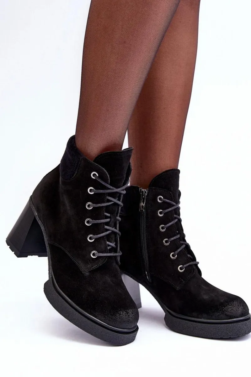 New Botki Zamszowe Sznurowane Na Słupku Czarne Lemar Flomes Damskie Botki Ocieplane|Botki Skórzane