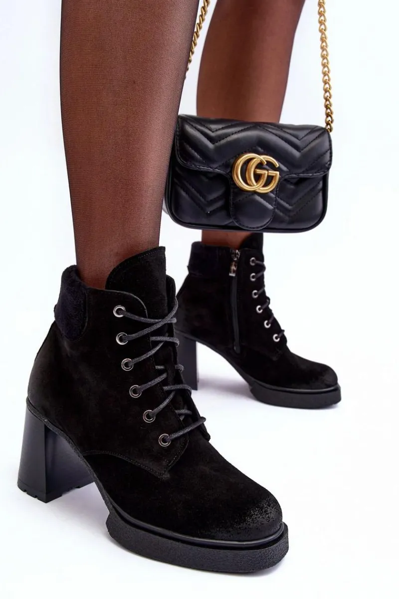 New Botki Zamszowe Sznurowane Na Słupku Czarne Lemar Flomes Damskie Botki Ocieplane|Botki Skórzane