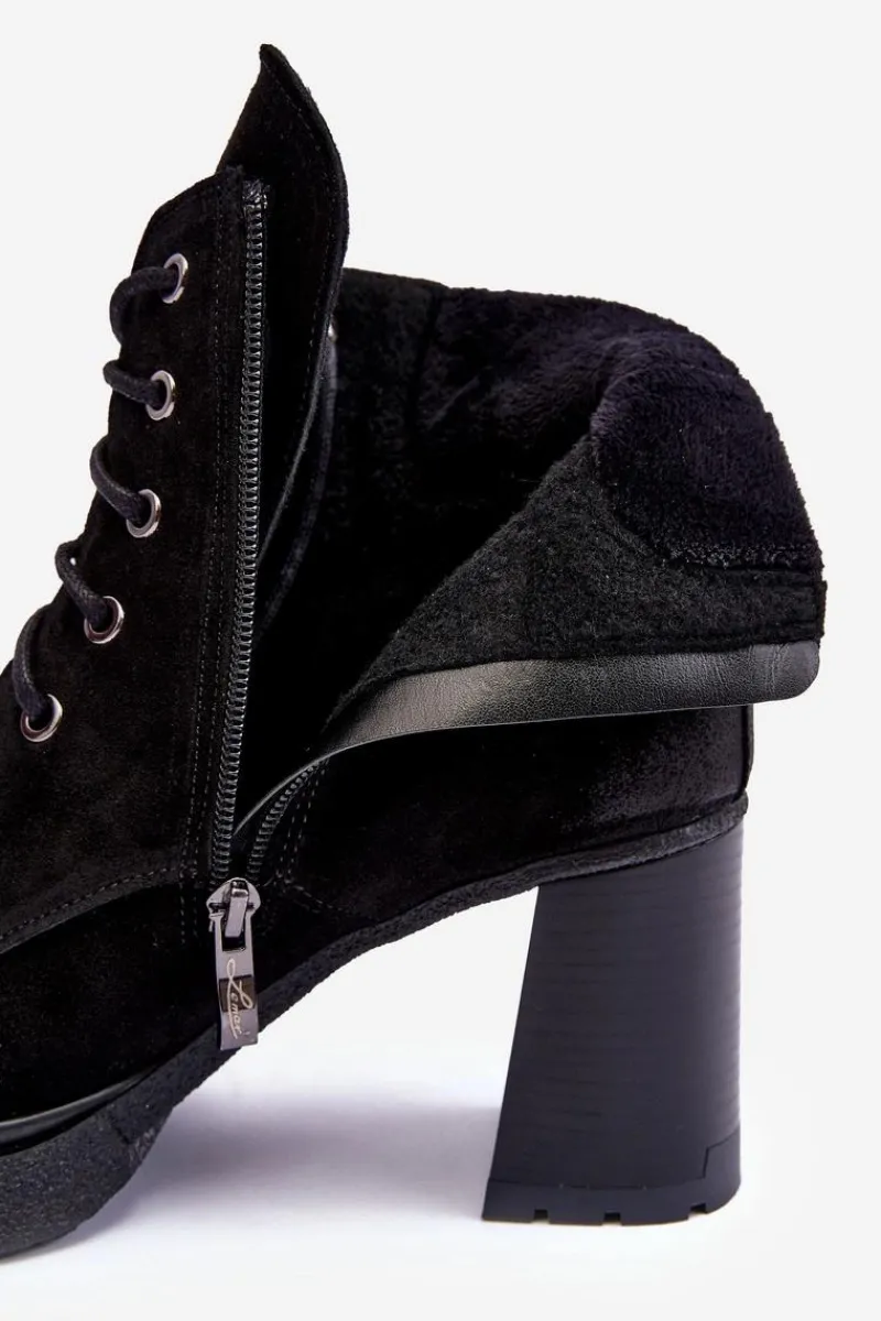 New Botki Zamszowe Sznurowane Na Słupku Czarne Lemar Flomes Damskie Botki Ocieplane|Botki Skórzane