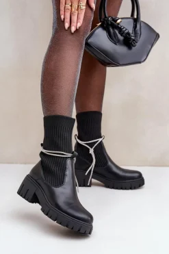 Czarne Botki|Botki Na Obcasie>Boto Botki Ze Skarpetą I Błyszczącym Wiązaniem Czarne Dinarca
