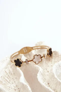 Bransoletki></noscript>Glam Chic Bransoleta Damska Z Kwiatkami Stal Nierdzewna Złota