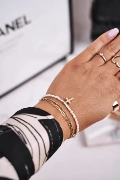 Discount Bransoletka Łańcuszek z Perełkami i Krzyżykiem Złota Kari Bransoletki