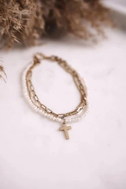 Discount Bransoletka Łańcuszek z Perełkami i Krzyżykiem Złota Kari Bransoletki
