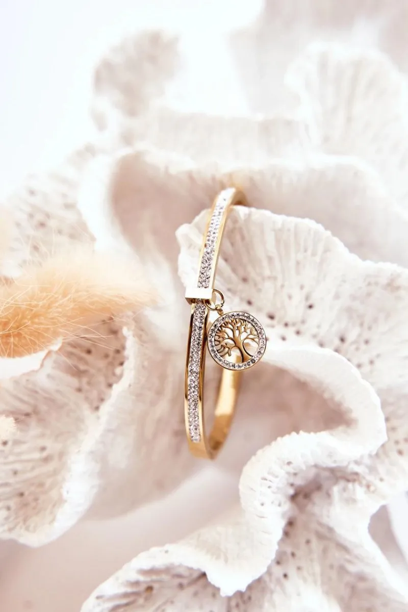 Glam Chic Bransoletka Stalowa z Cyrkoniami Drzewo Życia Złota Alive