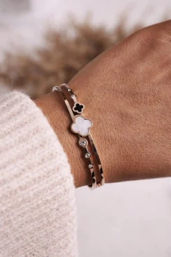 Online Bransoletka Stalowa z Koniczynką i Cyrkoniami Różowe Złoto Luck Bransoletki