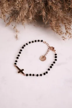 Bransoletki>Glam Chic Bransoletka z Krzyżykiem Czarna Różowe Złoto Irene