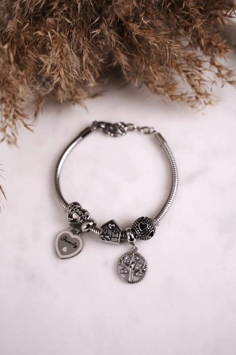 Outlet Bransoletka z Zawieszkami Charms Drzewo Życia Srebrna Family Bransoletki