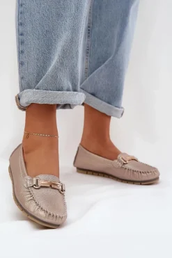 Loafersy Damskie|Mokasyny Damskie Skórzane>Damskie buty S.Barski Brokatowe Płaskie Mokasyny Ze Skóry Naturalnej D&A LR51-546 Złote Złoty