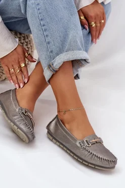 Best Brokatowe Płaskie Mokasyny Ze Skóry Naturalnej D&A LR51-546 Srebrne Damskie Loafersy Damskie|Mokasyny Damskie Skórzane