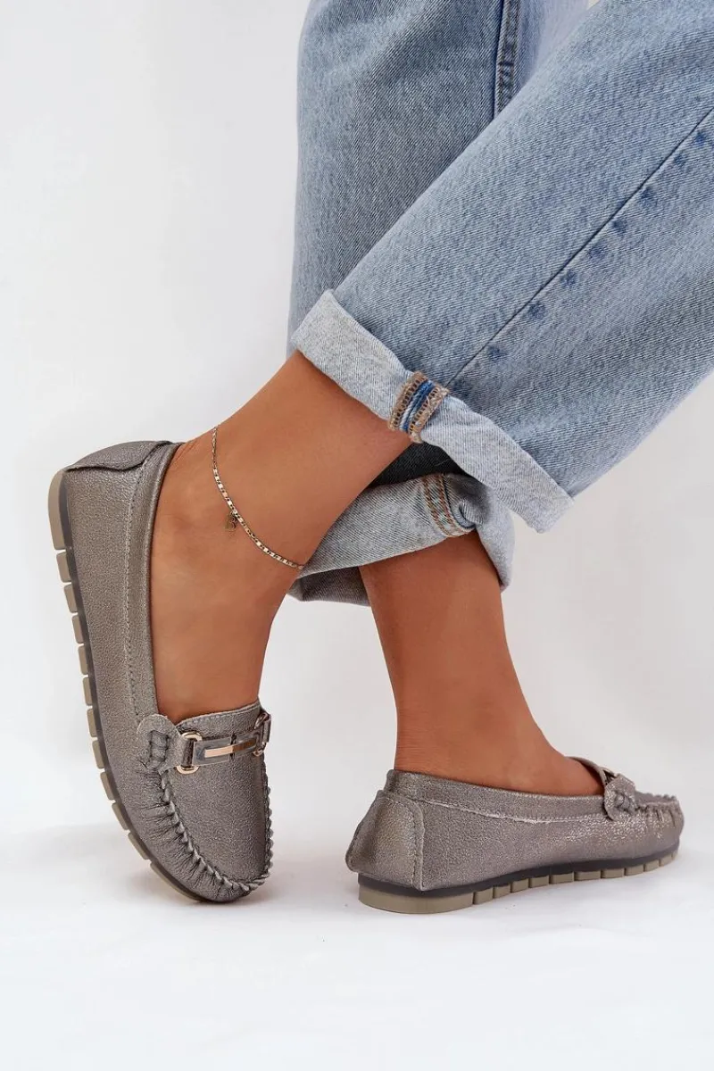 Best Brokatowe Płaskie Mokasyny Ze Skóry Naturalnej D&A LR51-546 Srebrne Damskie Loafersy Damskie|Mokasyny Damskie Skórzane