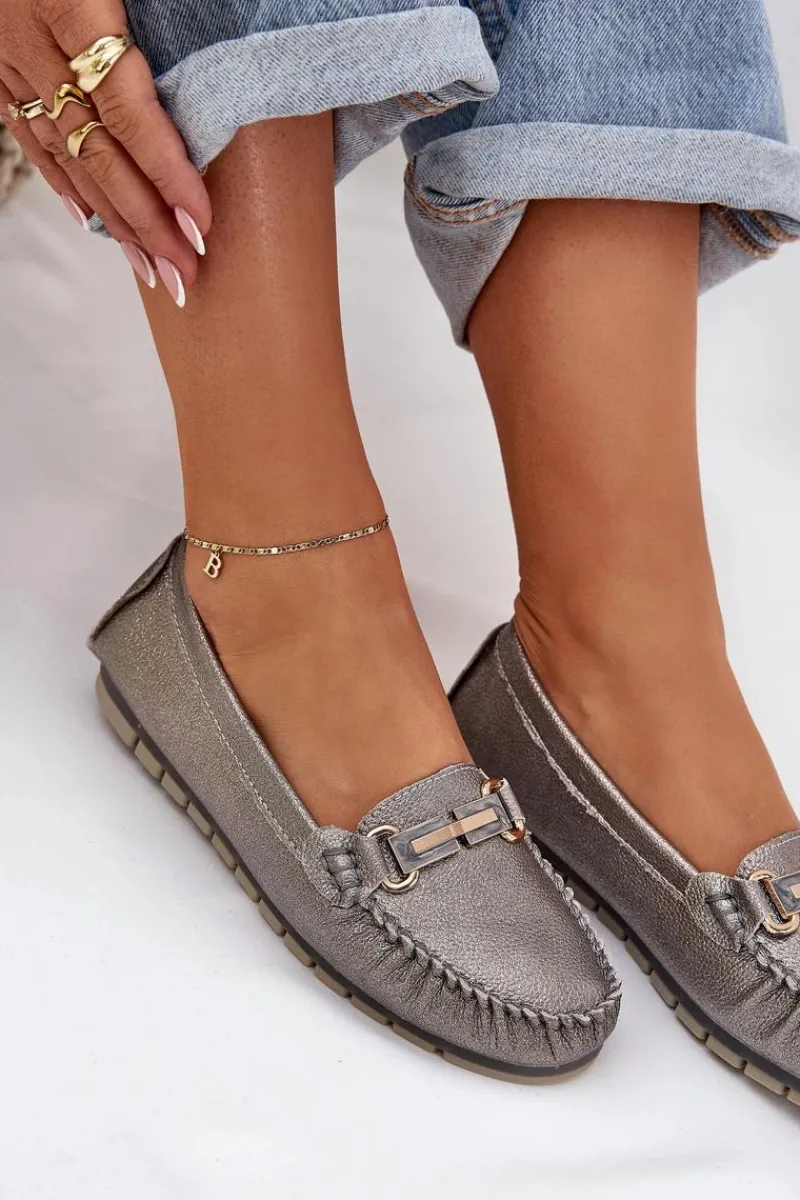 Best Brokatowe Płaskie Mokasyny Ze Skóry Naturalnej D&A LR51-546 Srebrne Damskie Loafersy Damskie|Mokasyny Damskie Skórzane