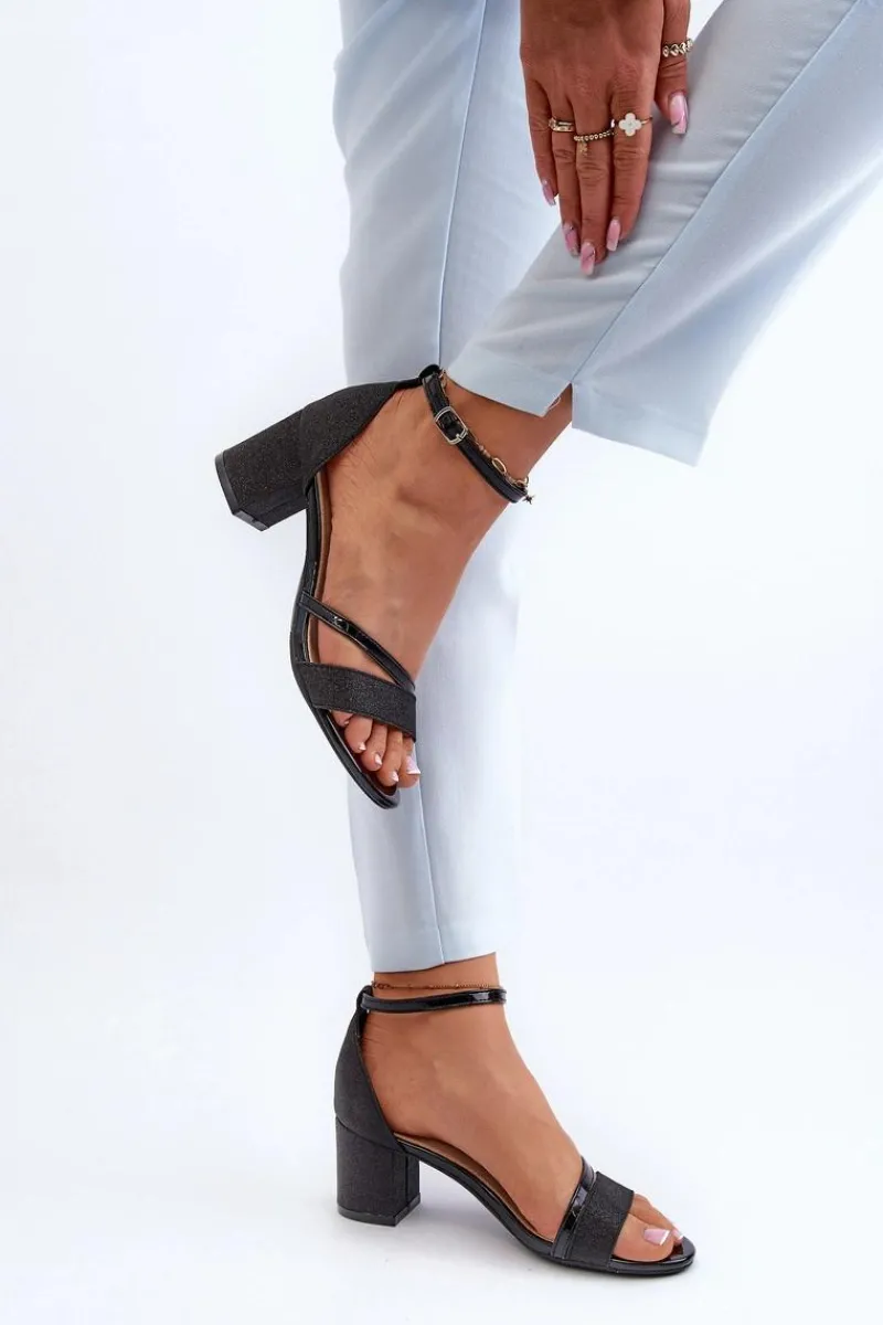 Sandały Na Słupku|Sandały Na Obcasie>Buty damskie Vinceza Brokatowe Sandały Damskie Na Niskim Słupku Czarne Ploemis Czarny