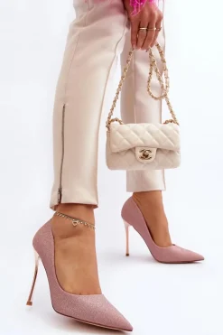 Sale Brokatowe Szpilki Champagne Tiberona Damskie Czółenka Klasyczne