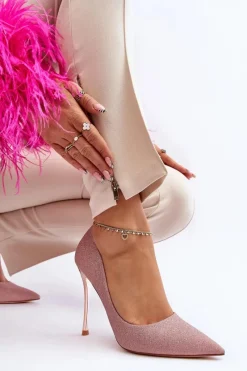 Sale Brokatowe Szpilki Champagne Tiberona Damskie Czółenka Klasyczne