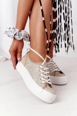 Outlet Damskie buty S.Barski Brokatowe Tenisówki Na Platformie Złote Luna