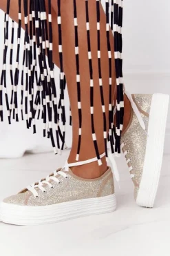 Outlet Damskie buty S.Barski Brokatowe Tenisówki Na Platformie Złote Luna