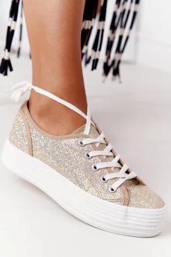 Outlet Damskie buty S.Barski Brokatowe Tenisówki Na Platformie Złote Luna