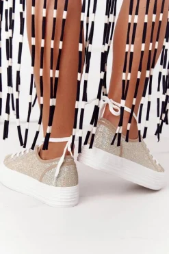 Outlet Damskie buty S.Barski Brokatowe Tenisówki Na Platformie Złote Luna