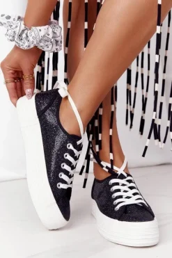 Hot Brokatowe Tenisówki Na Platformie Czarne Luna Damskie Trampki Damskie Niskie